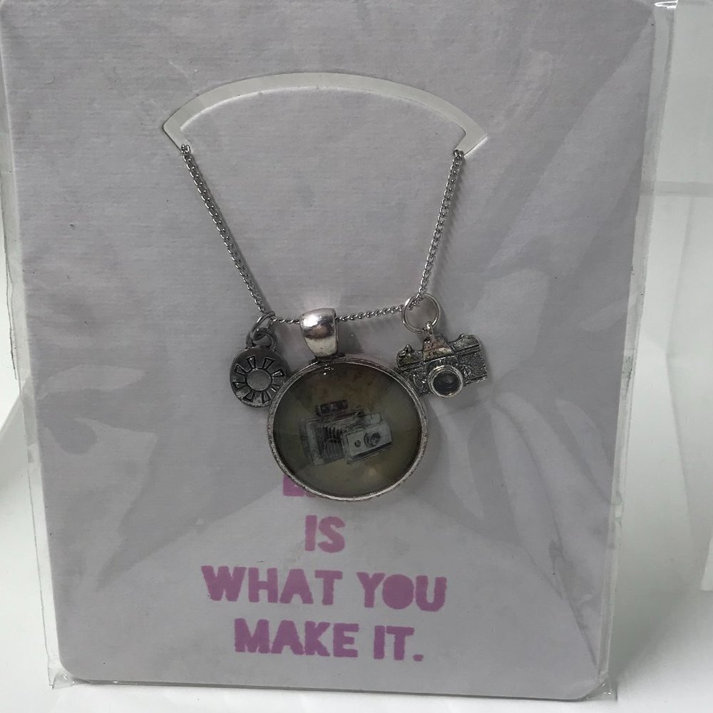 NEW Pendent Necklace with a camera and 2 charms; silver 22" chain